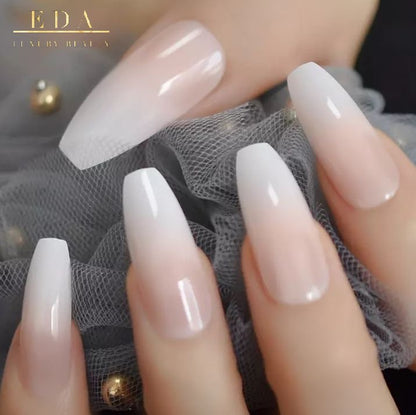 Simple Chic | Natural | Nude Pink, Ombre White French | Glossy | Ballerina | Extra Long | Reusable Press On Nails Set