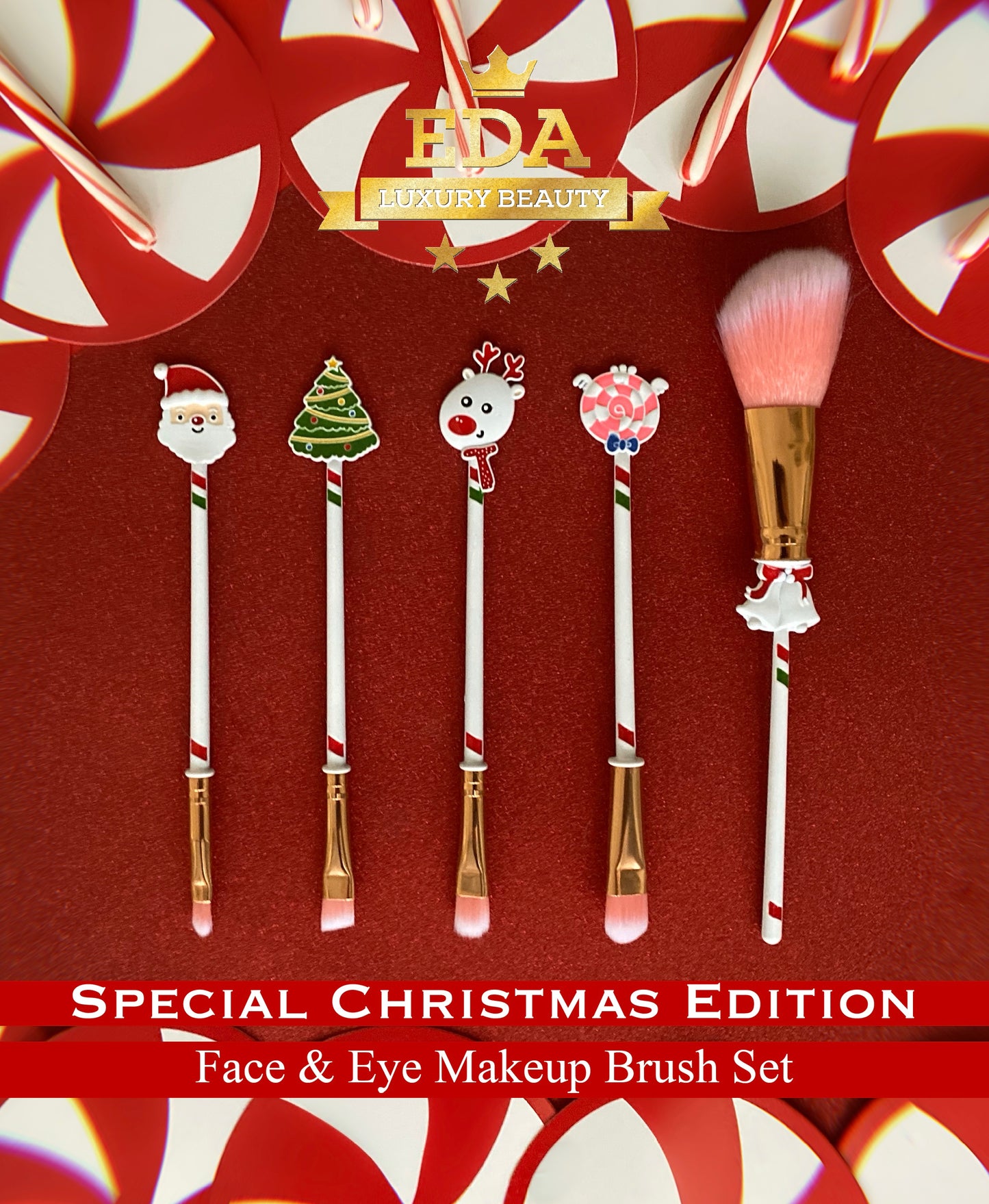 Christmas Makeup Brush Set | Eye | Face | Lip | Contour | Multi-Color | 5-Pieces | Special Holiday Bundle