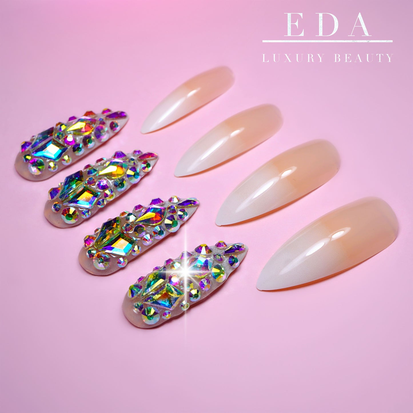 Ice Queen | Diamond Nude Pink, White Ombre French | 3D Crystal Design | Nail Art | Glossy | Sharp, Stiletto | Extra Long | Reusable Press On Nails Set