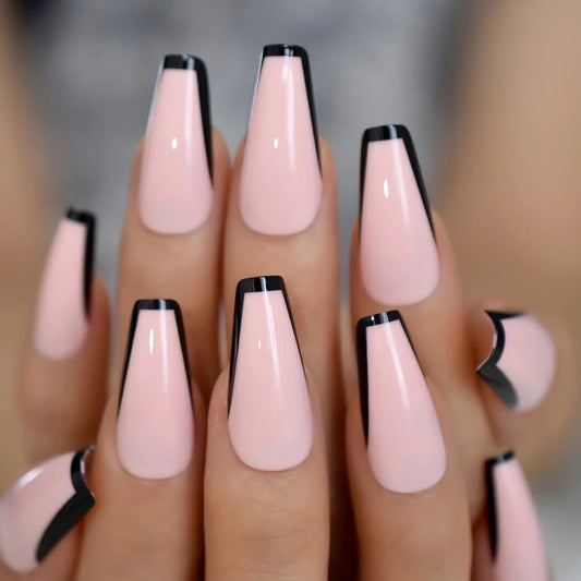 Boss Lady | Baby Pink, Black French | Glossy | Ballerina | Extra Long | Reusable Press On Nails Set