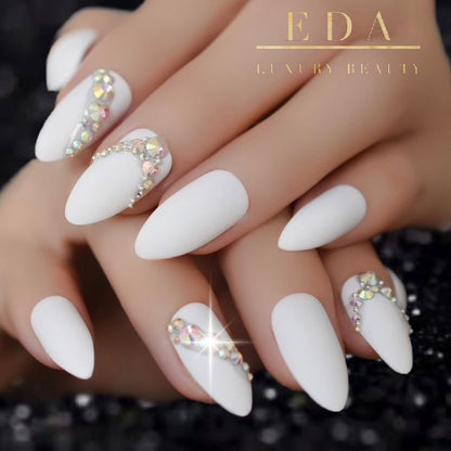 Posh Diva | Diamond White | 3D Crystal Design | Nail Art | Matte | Stiletto | Long | Reusable Press On Nails Set