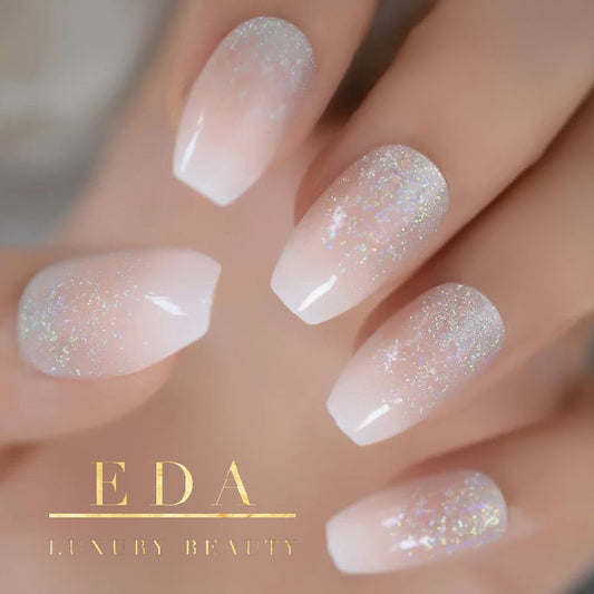 Shimmer Fiesta | Nude Pink, Glitter White Ombre French | Glossy | Square | Long | Reusable Press On Nails Set