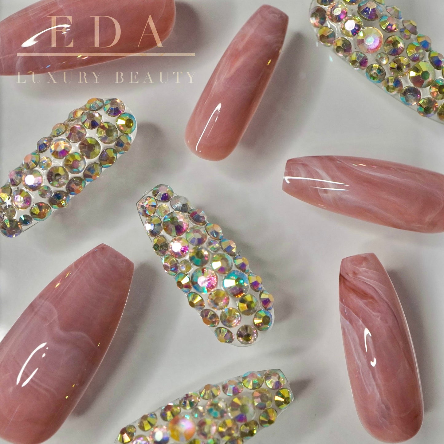 Marble Blossom | Diamond Pink | 3D Crystal Design | Nail Art | Glossy | Ballerina | Extra Long | Reusable Press On Nails Set