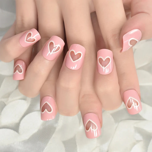 Love Notes | Pink, White | Heart Design | Glossy | Square | Short, Medium | Reusable Press On Nails Set