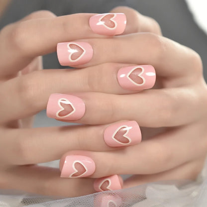 Love Notes | Pink, White | Heart Design | Glossy | Square | Short, Medium | Reusable Press On Nails Set