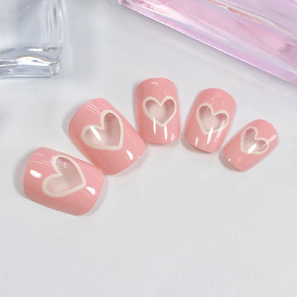 Love Notes | Pink, White | Heart Design | Glossy | Square | Short, Medium | Reusable Press On Nails Set