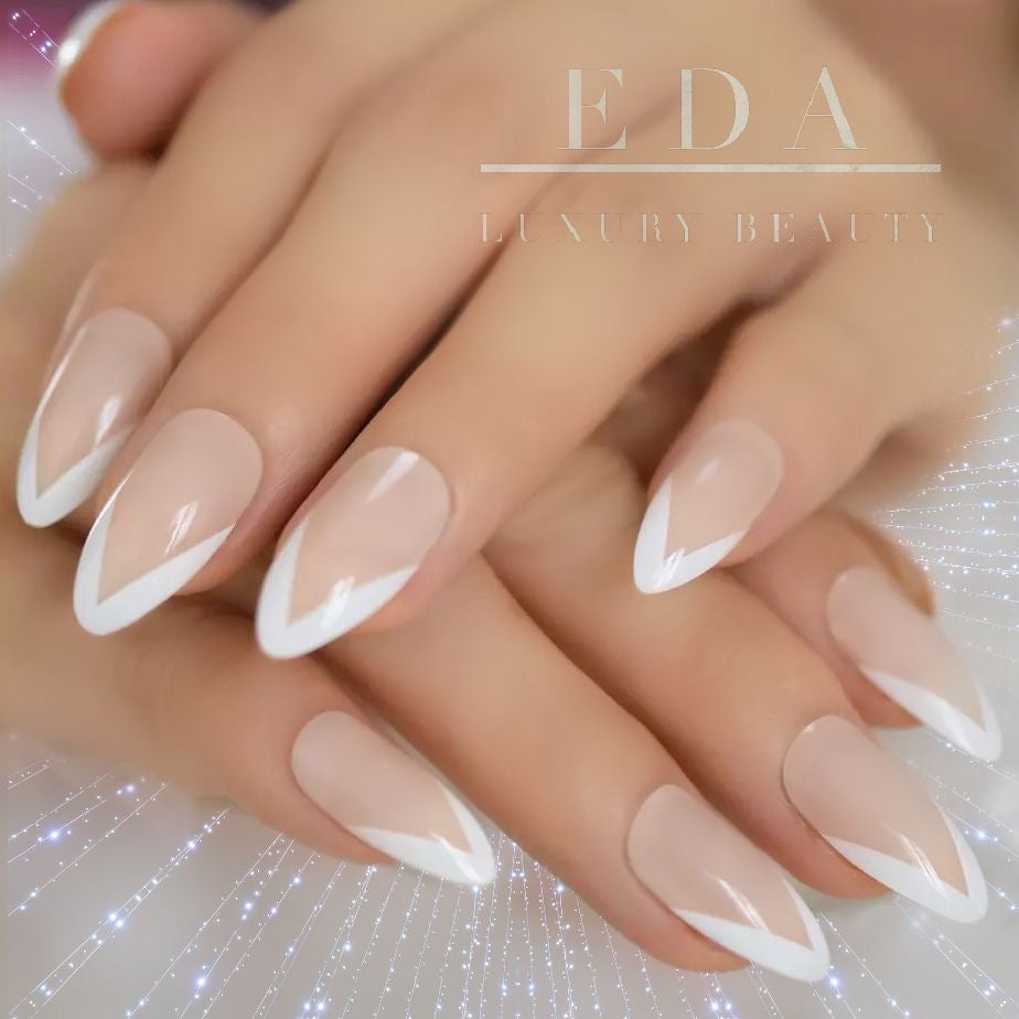 Chic Bloom | Natural | Nude, White V French | Glossy | Almond, Stiletto | Long | Reusable Press On Nails Set