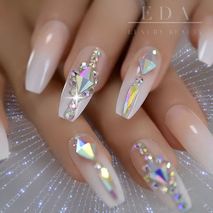 Glitz Gleam | Diamond Nude Pink, White Ombre French | 3D Crystal Design | Nail Art | Glossy | Ballerina | Extra Long | Reusable Press On Nails Set