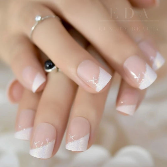 Fairy Dream | Nude Pink, Glitter White French | Natural | Glossy | Square | Short, Medium | Reusable Press On Nails Set