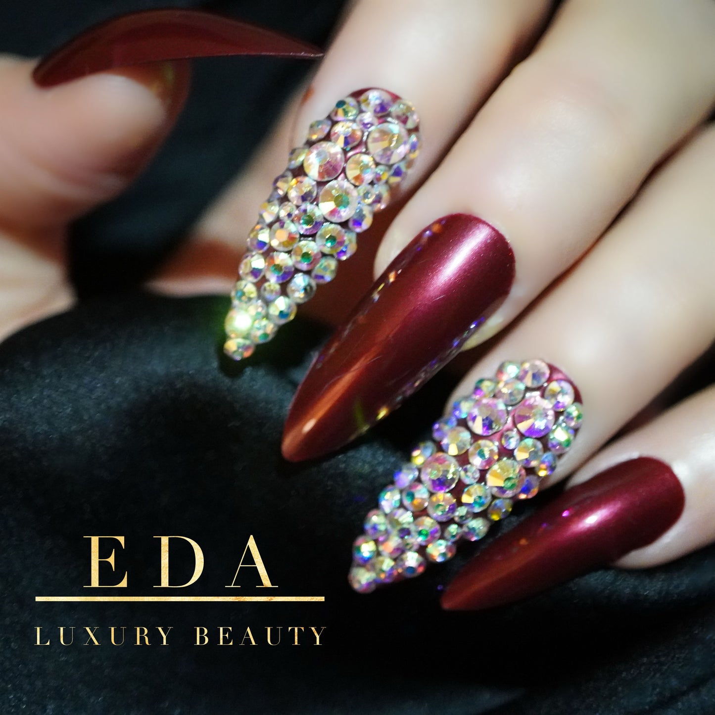 Merlot Kiss | Diamond Red Burgundy | 3D Crystal Design | Nail Art | Glossy | Sharp, Stiletto | Extra Long | Reusable Press On Nails Set