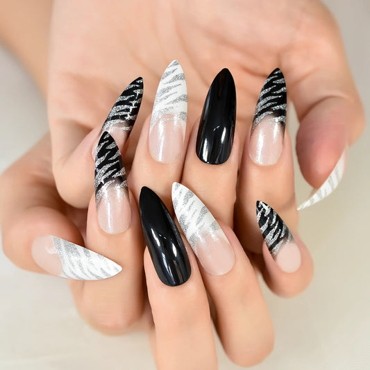 Shiny Zebra | Black, White Glitter French | Animal Print | Glossy | Sharp, Stiletto | Extra Long | Reusable Press On Nails Set