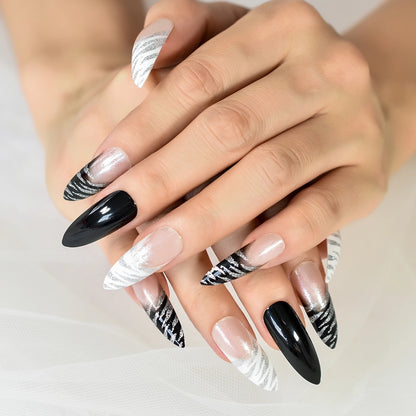 Shiny Zebra | Black, White Glitter French | Animal Print | Glossy | Sharp, Stiletto | Extra Long | Reusable Press On Nails Set