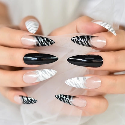 Shiny Zebra | Black, White Glitter French | Animal Print | Glossy | Sharp, Stiletto | Extra Long | Reusable Press On Nails Set