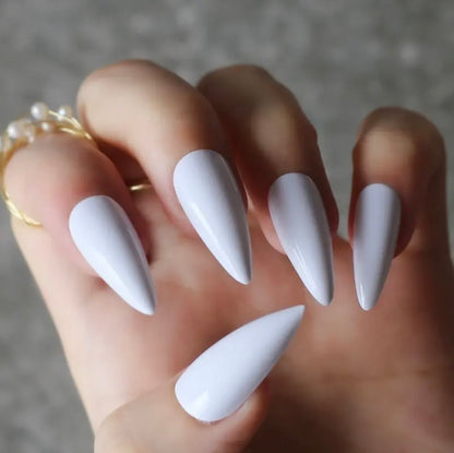 Blanc Strike | White | Glossy | Sharp, Stiletto | Extra Long | Reusable Press On Nails Set