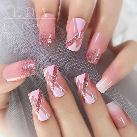 Sugar Pop | Baby Pink, Ombre, Glitter French | Glossy | Square | Long | Reusable Press On Nails Set