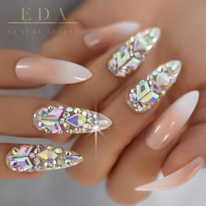 Ice Queen | Diamond Nude Pink, White Ombre French | 3D Crystal Design | Nail Art | Glossy | Sharp, Stiletto | Extra Long | Reusable Press On Nails Set