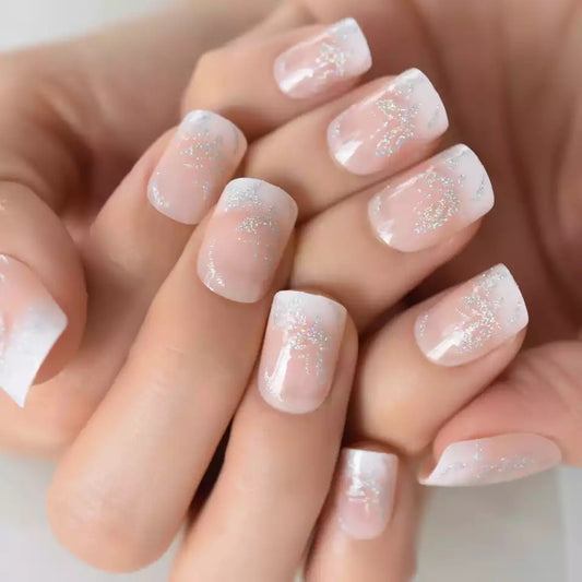 Magic Belle | Natural | Nude Pink, Glitter Ombre White French | Shimmer, Butterfly Design | Glossy | Square | Short, Medium | Reusable Press On Nails Set