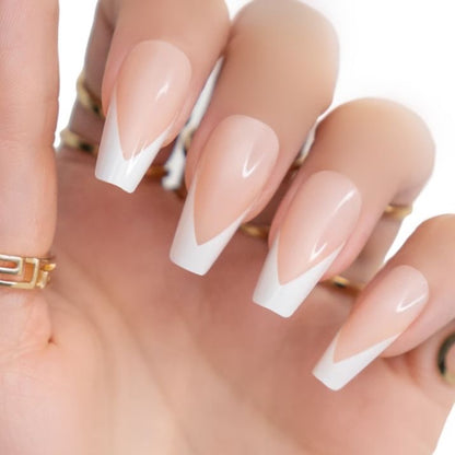 Elegant Vibe | Natural | Nude Pink, White V French | Glossy | Ballerina | Extra Long | Reusable Press On Nails Set