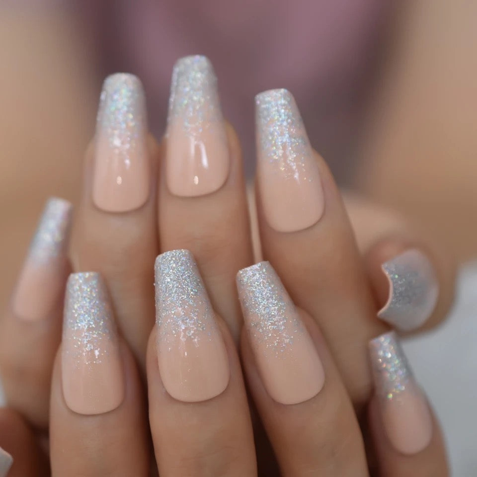 Shimmer Waves | Natural | Nude Pink, Silver Glitter Ombre French | Glossy | Ballerina | Extra Long | Reusable Press On Nails Set