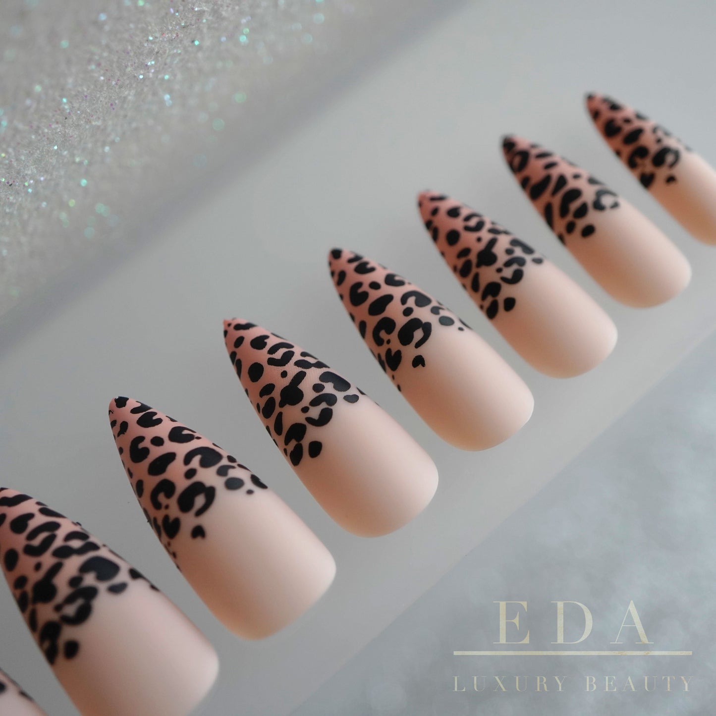 Wild Cat | Baby Pink, Black Leopard French | Animal Print | Matte | Stiletto | Extra Long | Reusable Press On Nails Set