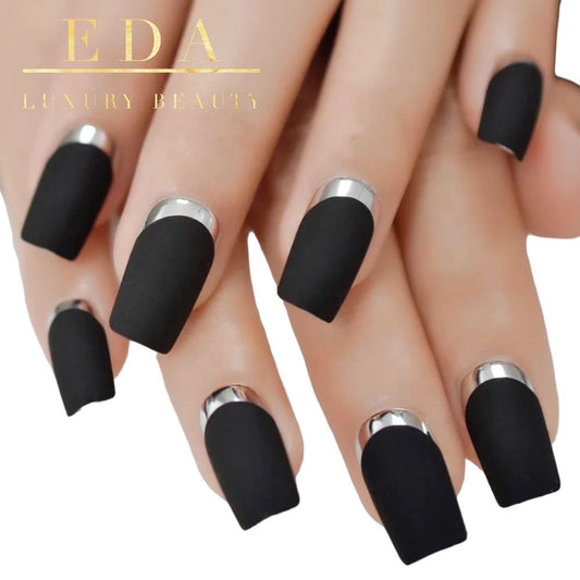 Charcoal Chic | Black, Silver Chrome French | Matte | Square | Long | Reusable Press On Nails Set