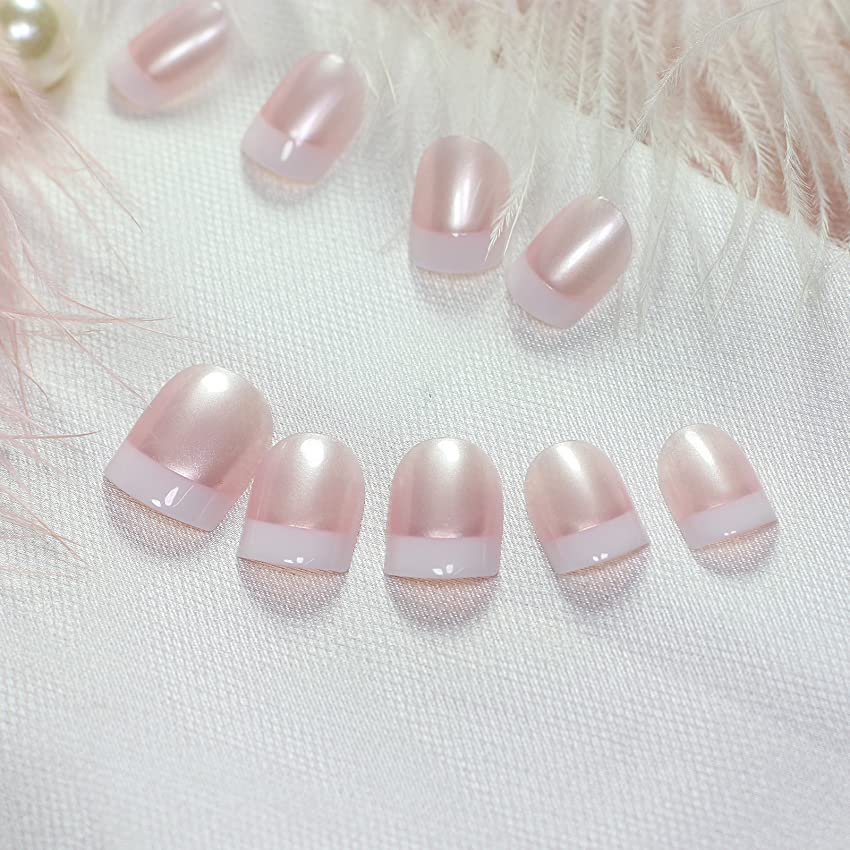 Satin Kiss | Nude Pink, Pearl White French | Natural | Glossy | Square | Short, Medium | Reusable Press On Nails Set