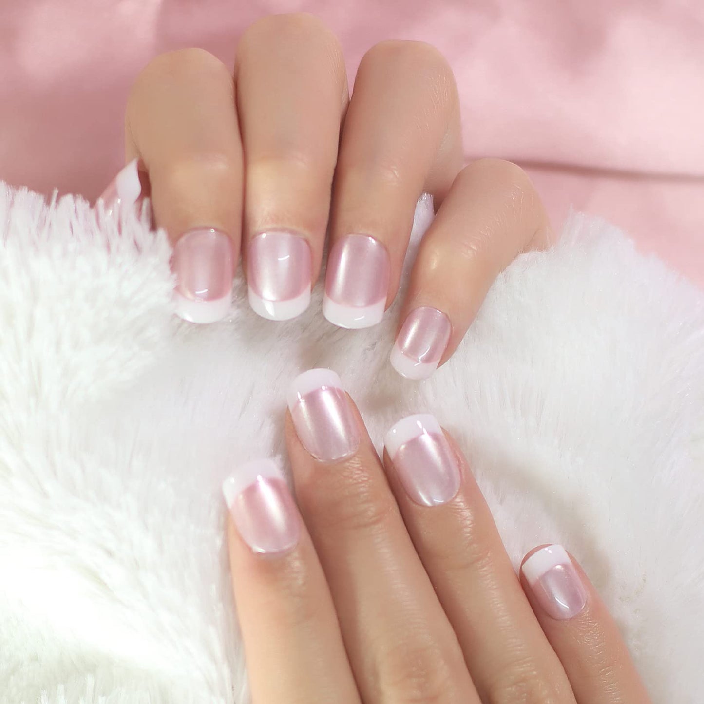 Satin Kiss | Nude Pink, Pearl White French | Natural | Glossy | Square | Short, Medium | Reusable Press On Nails Set