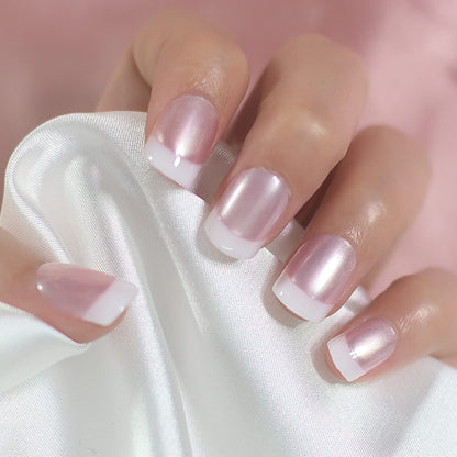 Satin Kiss | Nude Pink, Pearl White French | Natural | Glossy | Square | Short, Medium | Reusable Press On Nails Set