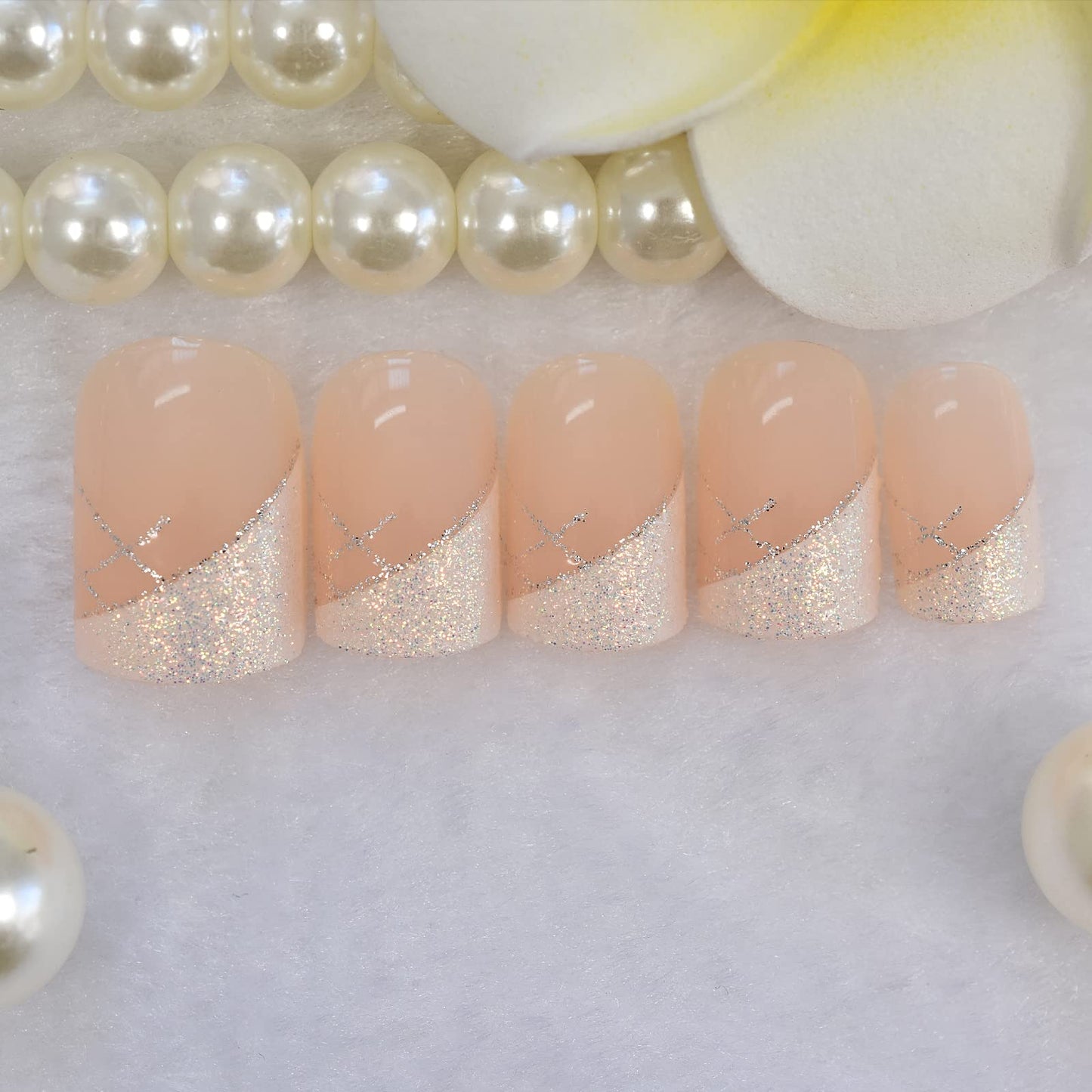 Fairy Dream | Nude Pink, Glitter White French | Natural | Glossy | Square | Short, Medium | Reusable Press On Nails Set