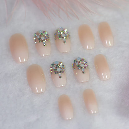 Glamour Glow | Diamond Nude Pink, White Ombre French | 3D Crystal Design | Nail Art | Glossy | Coffin | Long | Reusable Press On Nails Set