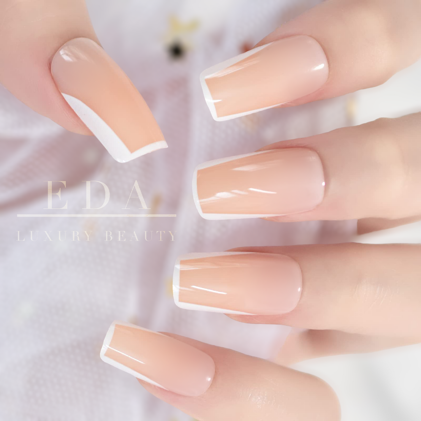 Majestic French | Nude Pink, White French | Glossy | Square | Long | Reusable Press On Nails Set