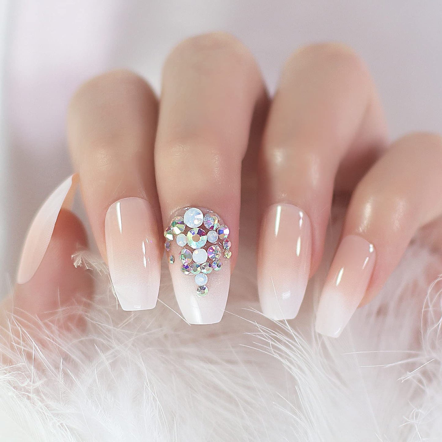 Glamour Glow | Diamond Nude Pink, White Ombre French | 3D Crystal Design | Nail Art | Glossy | Coffin | Long | Reusable Press On Nails Set