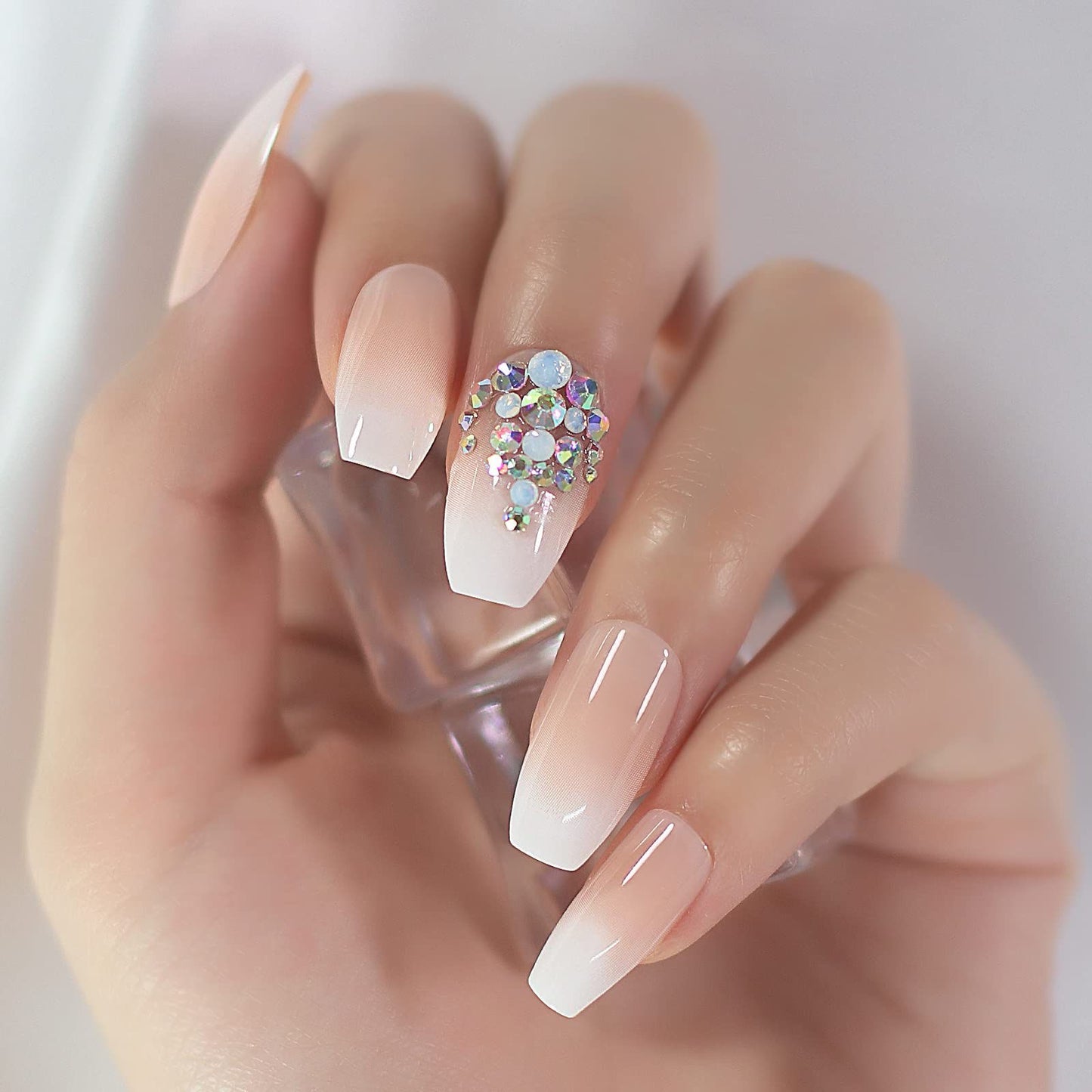 Glamour Glow | Diamond Nude Pink, White Ombre French | 3D Crystal Design | Nail Art | Glossy | Coffin | Long | Reusable Press On Nails Set