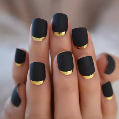 Velvet Magic | Black, Gold Chrome French | Matte | Square | Short | Reusable Press On Nails Set