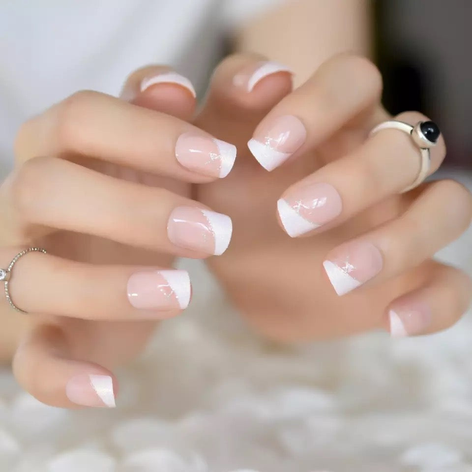 Fairy Dream | Nude Pink, Glitter White French | Natural | Glossy | Square | Short, Medium | Reusable Press On Nails Set