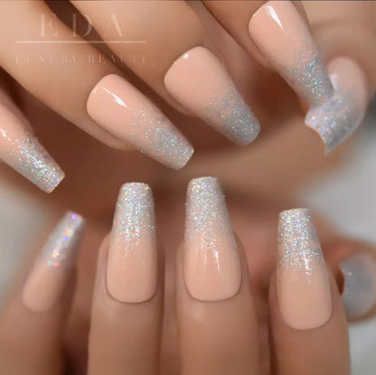 Shimmer Waves | Natural | Nude Pink, Silver Glitter Ombre French | Glossy | Ballerina | Extra Long | Reusable Press On Nails Set