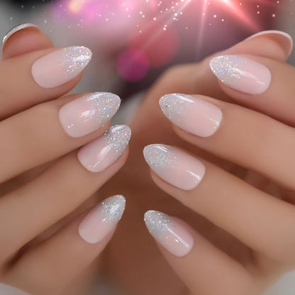 Shimmer Star | Nude Pink, Ombre Silver Glitter French | Glossy | Stiletto | Long | Reusable Press On Nails Set