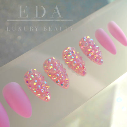 Bubblegum Sugar | Diamond Pink | 3D Crystal Design | Nail Art | Matte | Stiletto | Long | Reusable Press On Nails Set