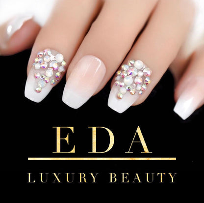 Glamour Glow | Diamond Nude Pink, White Ombre French | 3D Crystal Design | Nail Art | Glossy | Coffin | Long | Reusable Press On Nails Set