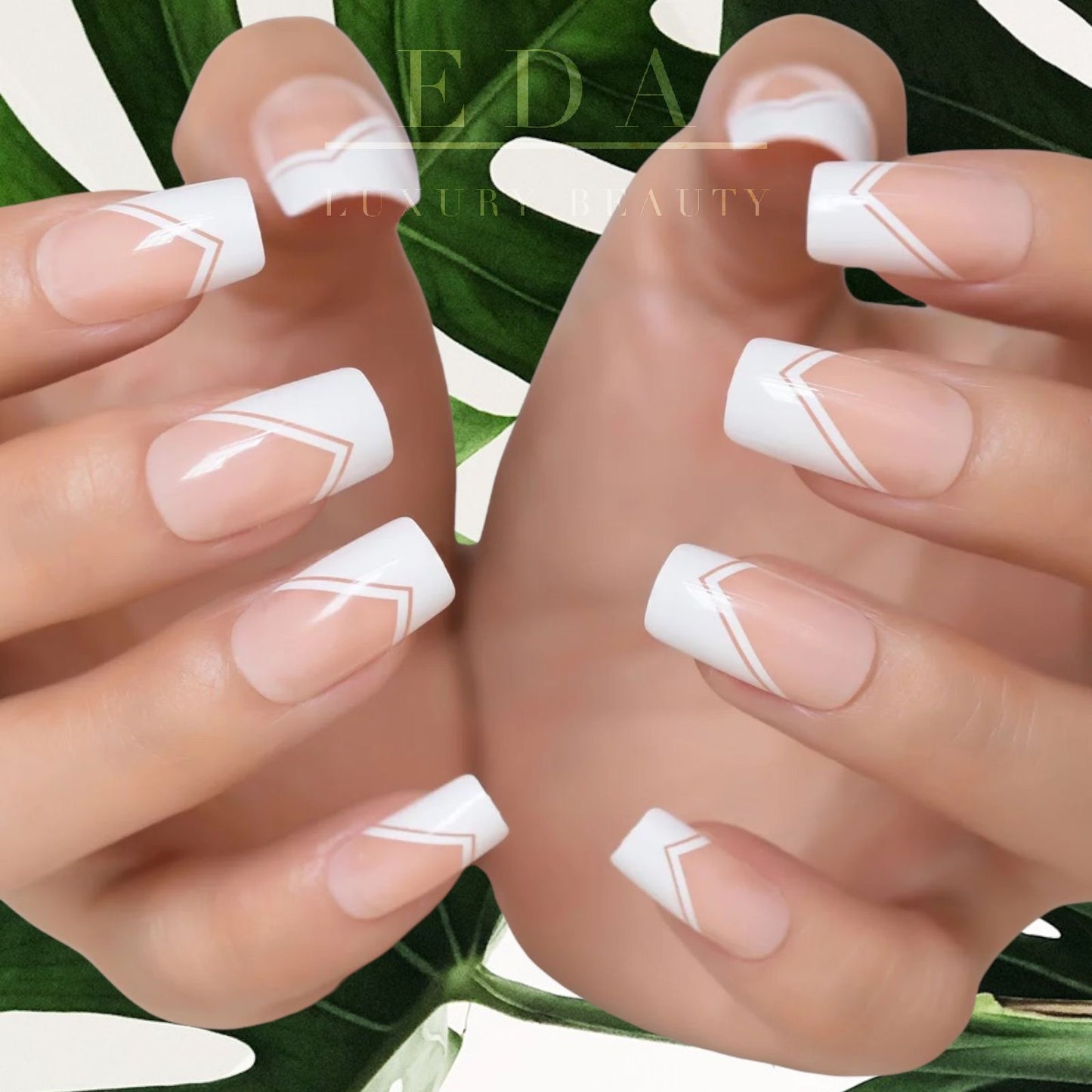 Chic Château | Natural | Nude Pink, White French | Glossy | Square | Long | Reusable Press On Nails Set