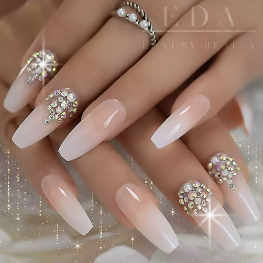 Sparkle Pop | Diamond Nude Pink, White Ombre French | 3D Crystal Design | Nail Art | Glossy | Ballerina | Extra Long | Reusable Press On Nails Set