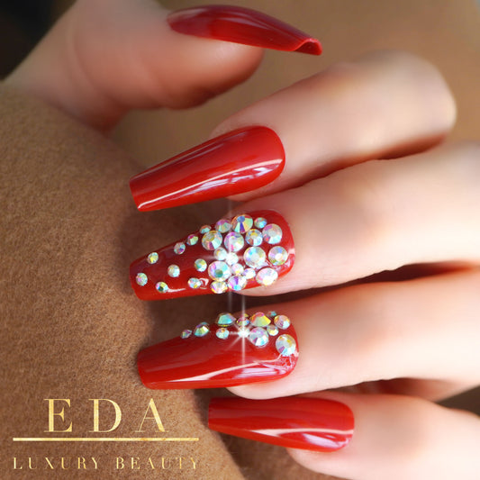 Love Queen | Diamond Red | 3D Crystal Design | Nail Art | Glossy | Ballerina | Extra Long | Reusable Press On Nails Set