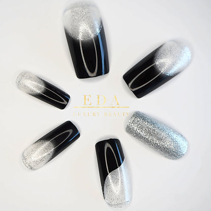 Gothic Glamour | Silver Glitter, Black French | Glossy | Halloween Design | Square | Extra Long | Reusable Press On Nails Set