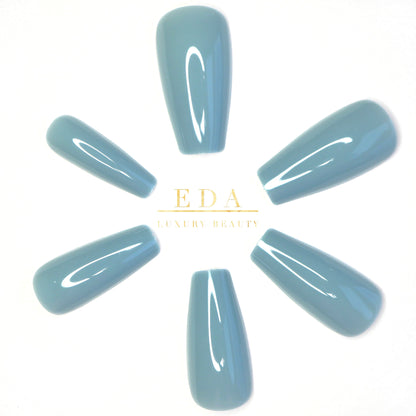 Aqua Shine | Pastel Baby Blue | Glossy | Ballerina | Extra Long | Reusable Press On Nails Set