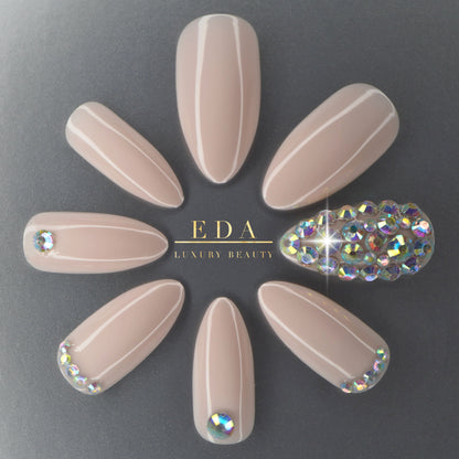 Prism Glow | Diamond Nude Pink | 3D Crystal Design | Nail Art | Glossy | Stiletto | Long | Reusable Press On Nails Set