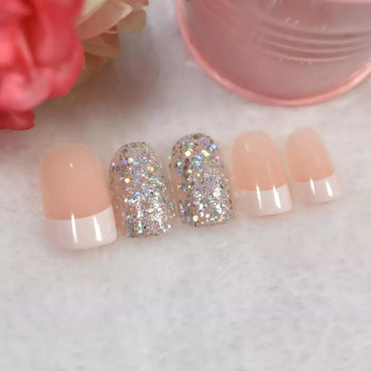 Cosmic Sparkle | Glitter, Nude Pink, White French | Glossy | Square | Long | Reusable Press On Nails Set