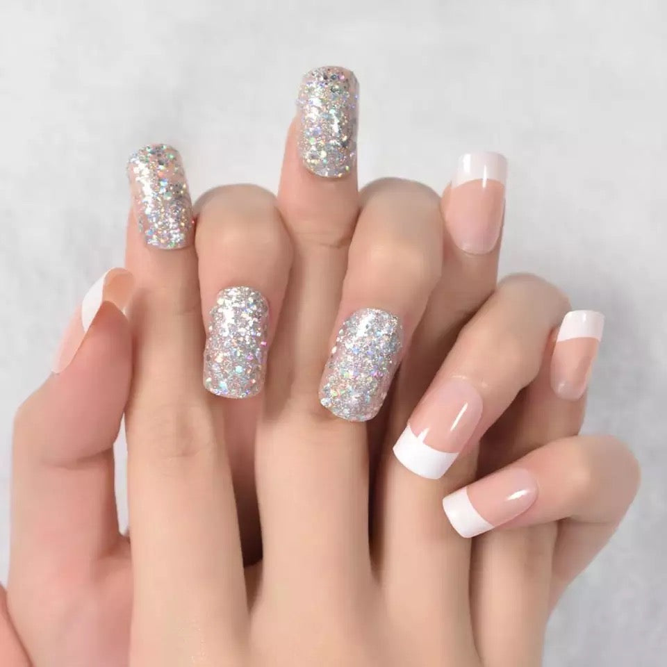 Cosmic Sparkle | Glitter, Nude Pink, White French | Glossy | Square | Long | Reusable Press On Nails Set