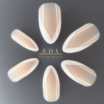 Chic Bloom | Natural | Nude, White V French | Glossy | Almond, Stiletto | Long | Reusable Press On Nails Set