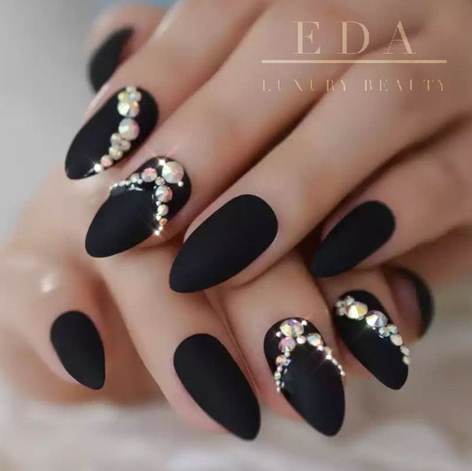 Midnight Spark | Diamond Black | 3D Crystal Design | Nail Art | Matte | Stiletto | Long | Reusable Press On Nails Set