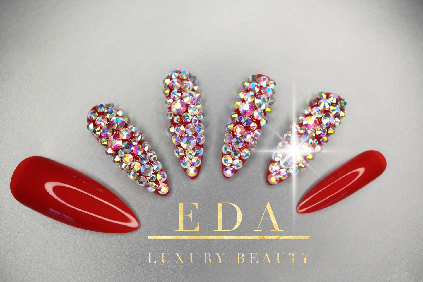 Red Charisma | Diamond Red | 3D Crystal Design | Nail Art | Glossy | Sharp, Stiletto | Extra Long | Reusable Press On Nails Set